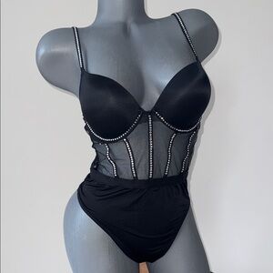 Victoria's Secret Black Strapless rhinestone Bustier Bra bodysuit S/P